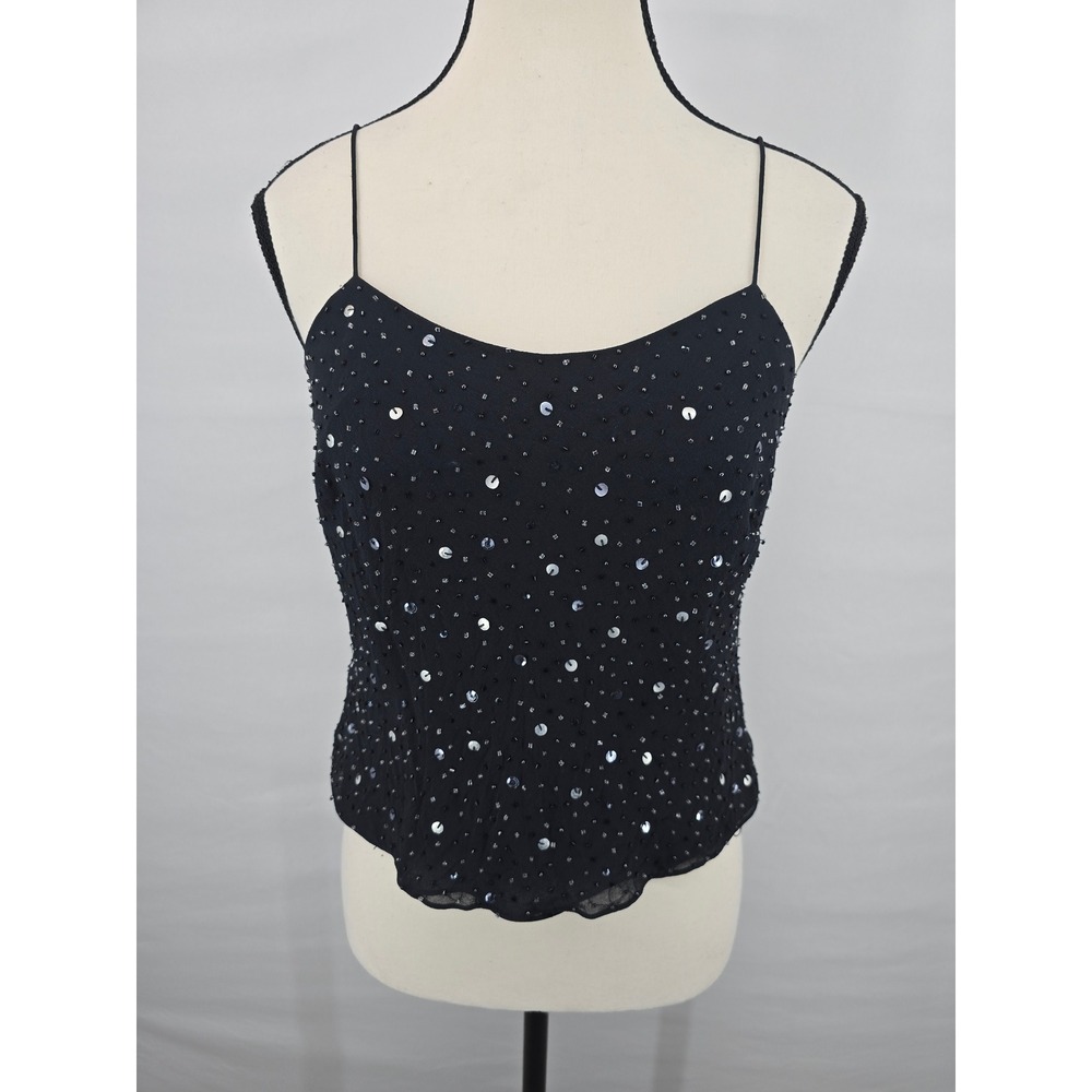 Ann Taylor Black Silk Beaded Sequin‎ Camisole Top Spaghetti Strap Size 4